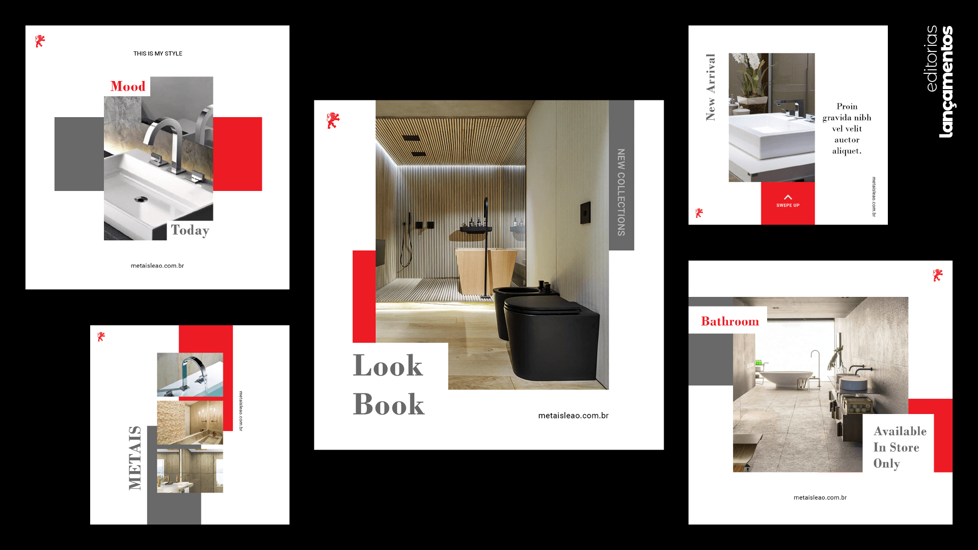 Um layout promocional para produtos de banheiro exibindo vários espaços, com imagens, blocos de cores vermelho e cinza e texto.