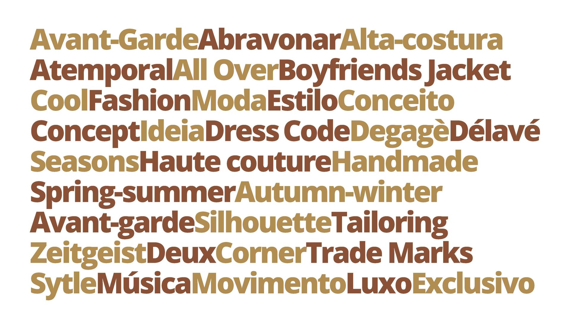 Uma lista de termos relacionados à moda em tons de marrom e dourado em um fundo branco.