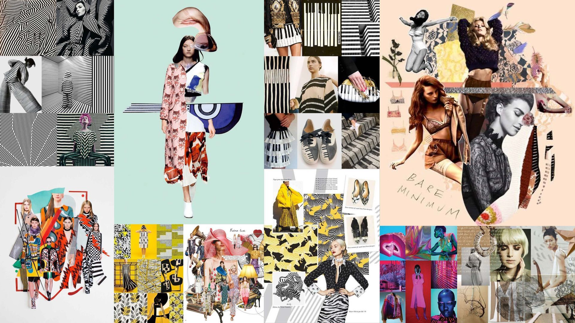 Painel de inspiração de moda com uma colagem de roupas, padrões e mulheres em vários estilos e cores, como preto, branco, amarelo e vermelho.