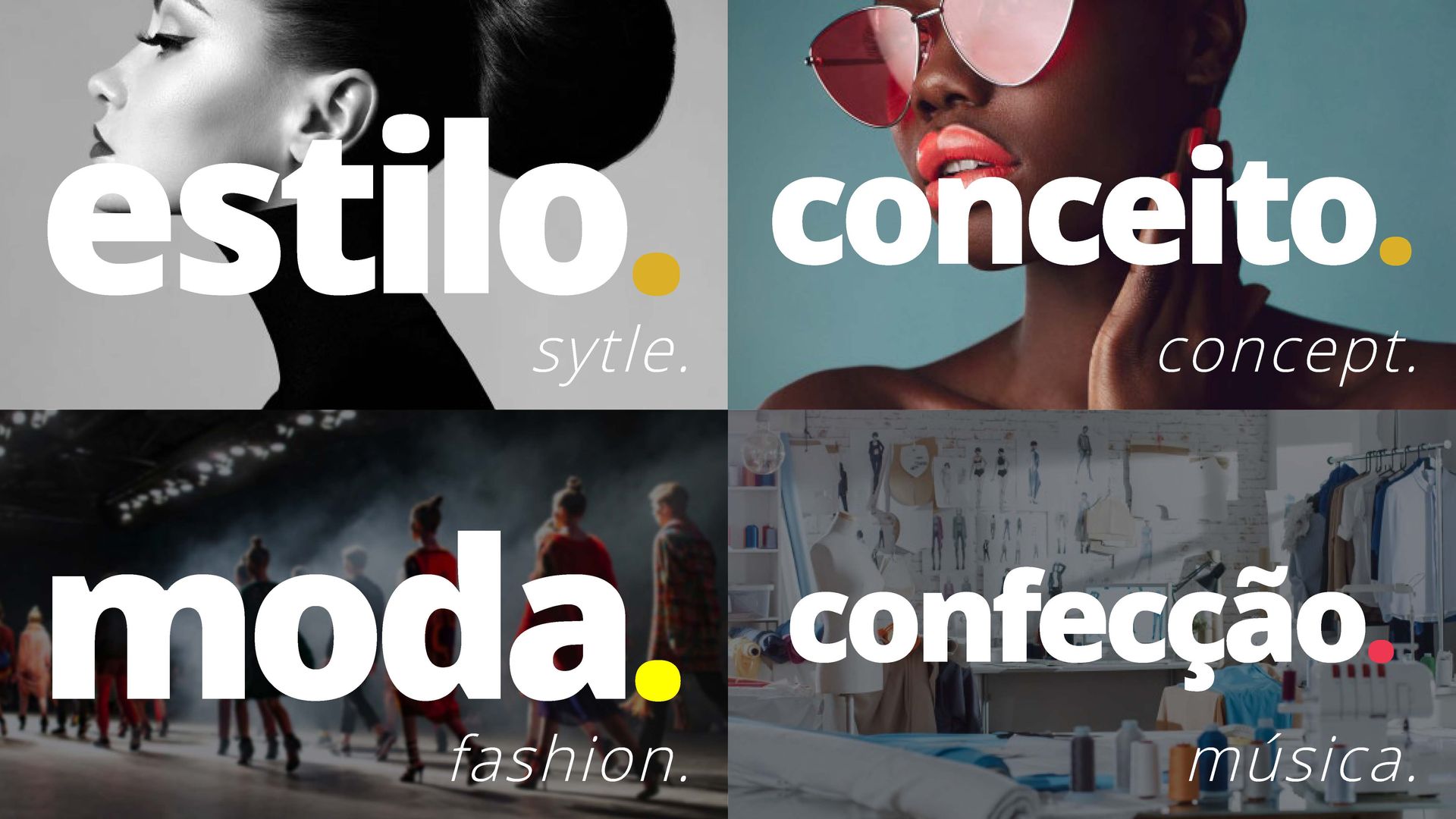 Quatro imagens com palavras relacionadas à moda:
