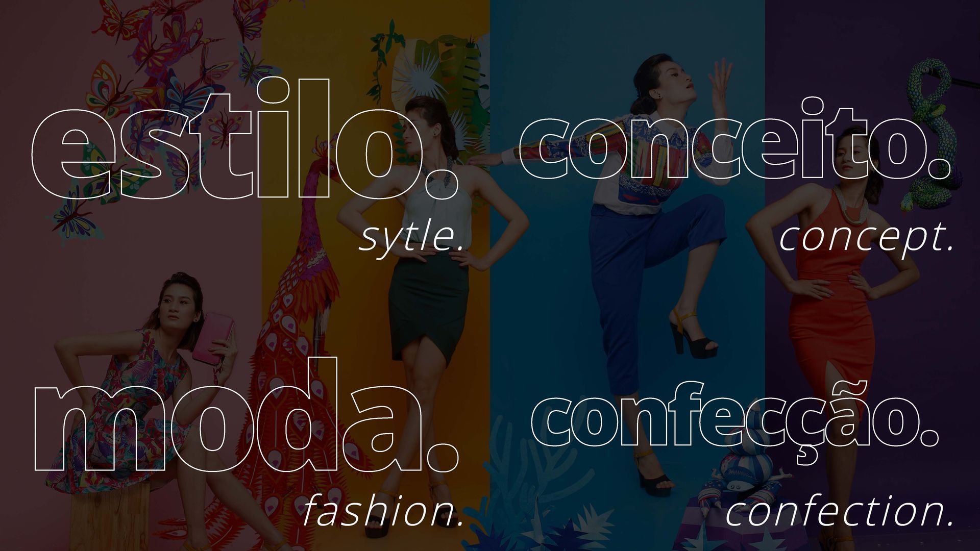 Fashion design collage with models, text overlay. Four sections: