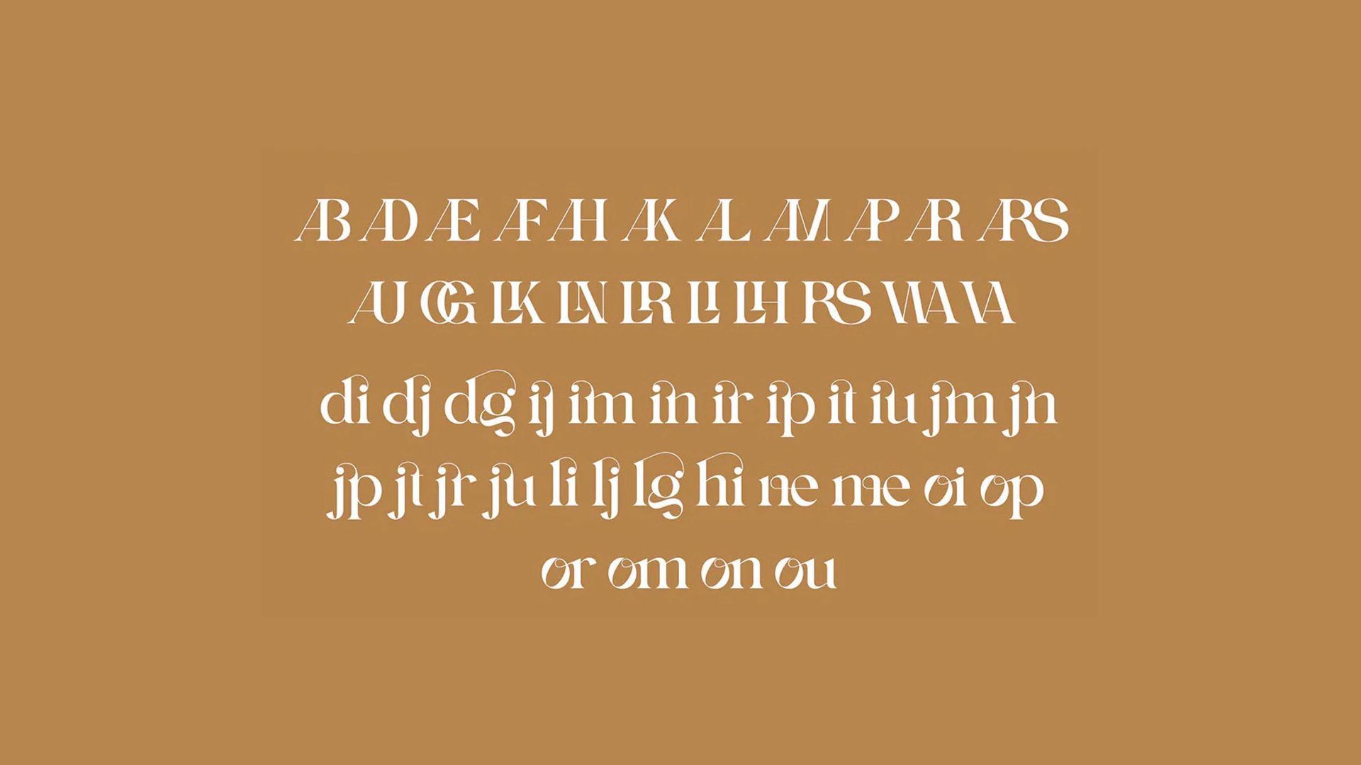 Exemplo de fonte exibindo variações de letras maiúsculas, minúsculas e caracteres especiais em texto branco sobre fundo marrom.