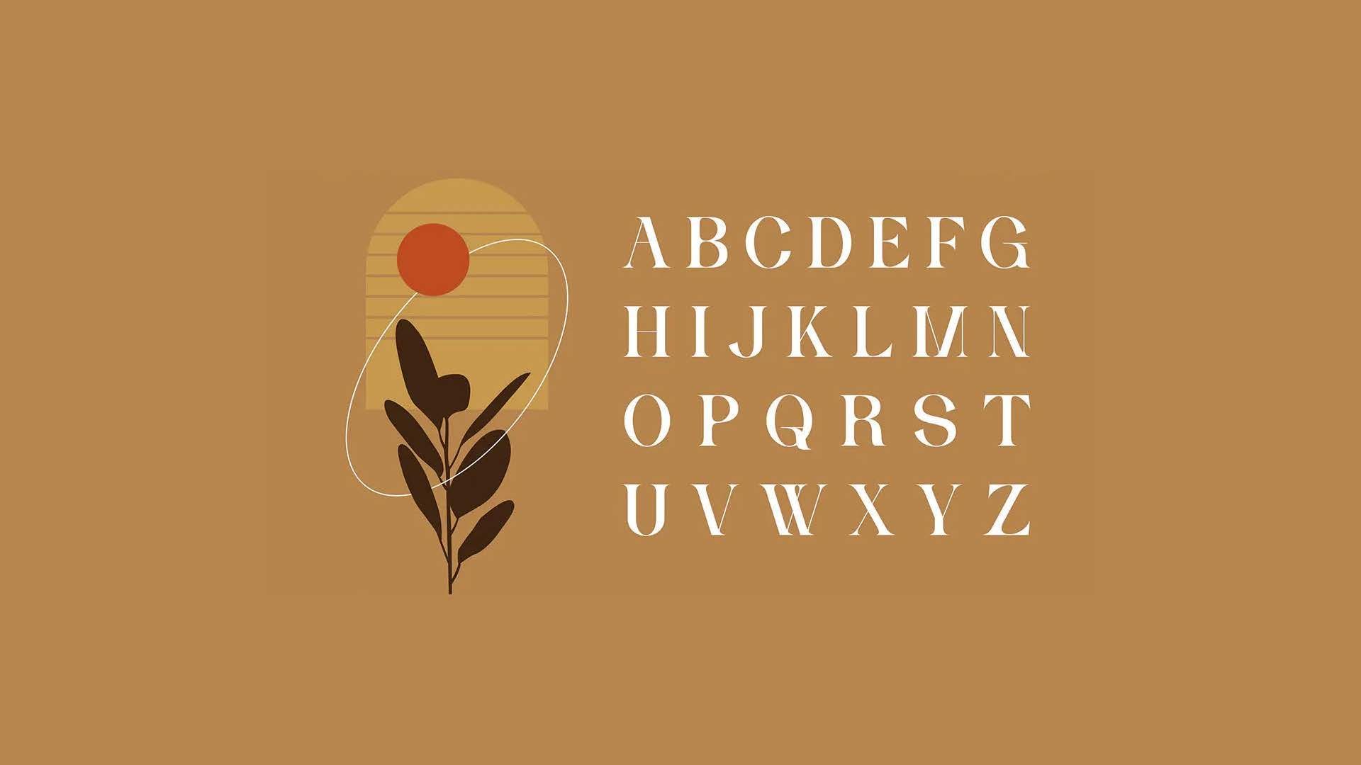 Alfabeto em uma fonte elegante e estilosa, exibido em um fundo marrom com uma ilustração botânica à esquerda.