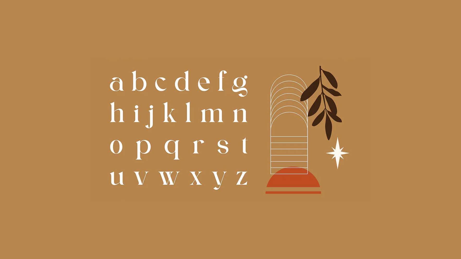 Alfabeto minúsculo em uma fonte minimalista, branca, sobre um fundo bege, com formas botânicas e geométricas estilizadas à direita.