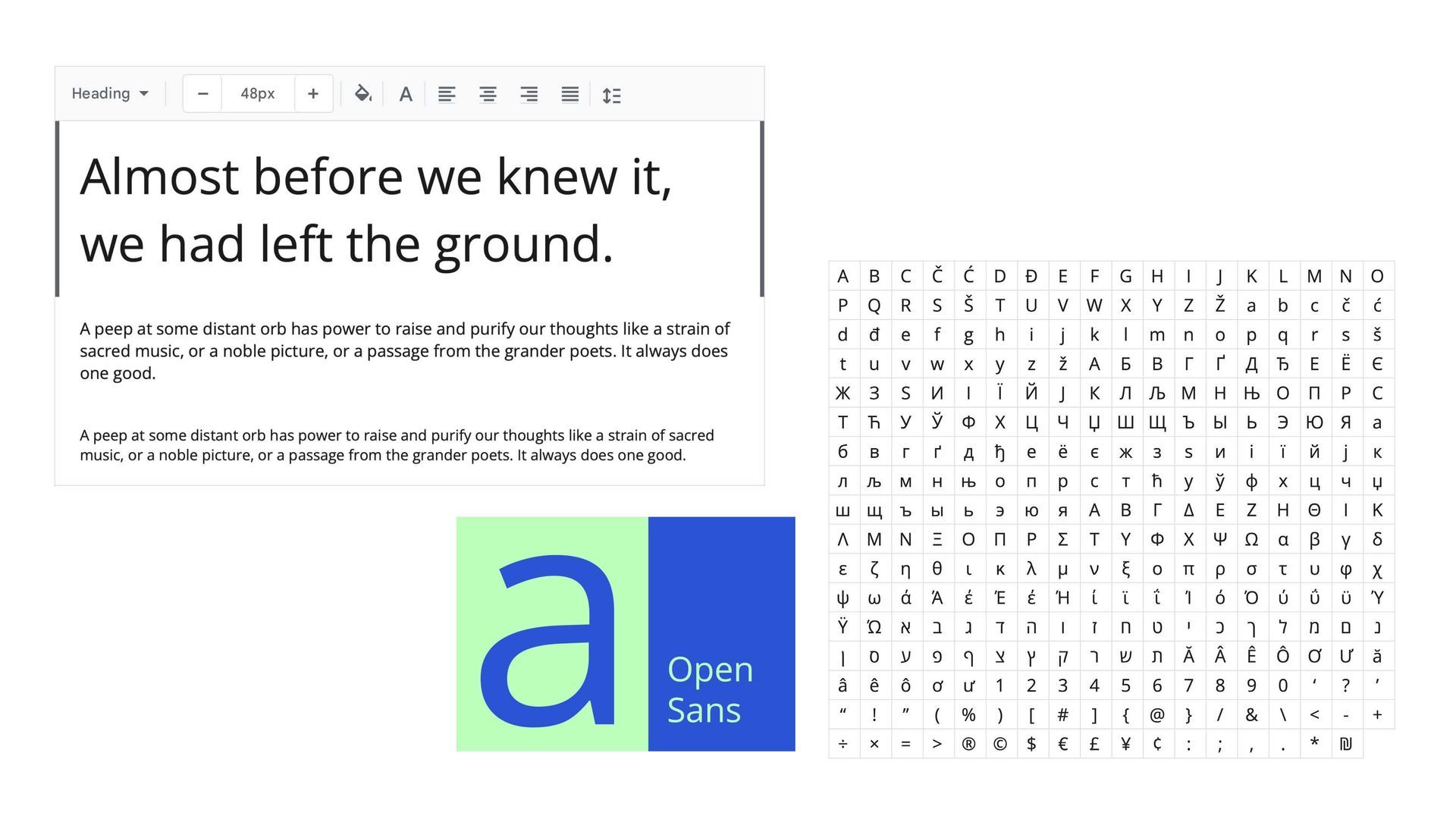 Uma página do Google Docs com texto, um gráfico de amostra de fonte e um logotipo do Open Sans.