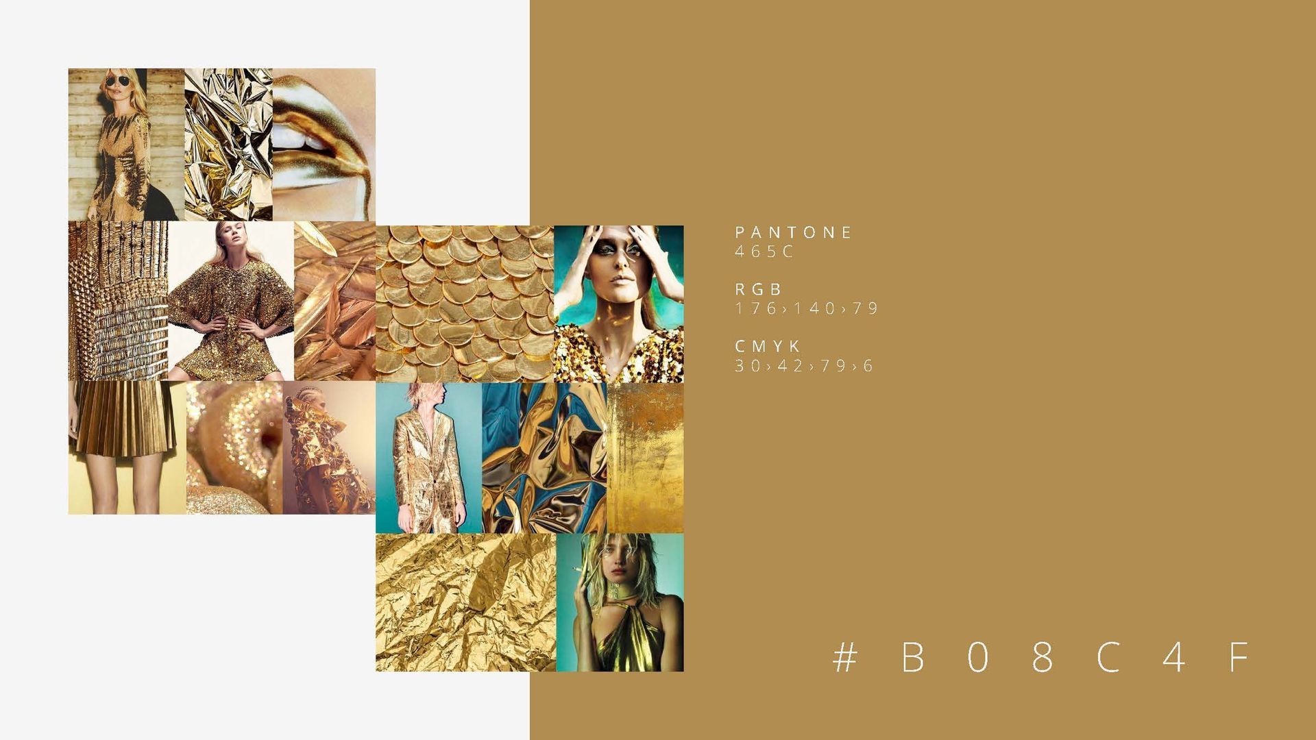 Uma colagem com vários tons de dourado e bege, apresentando moda, joias e texturas. O texto diz