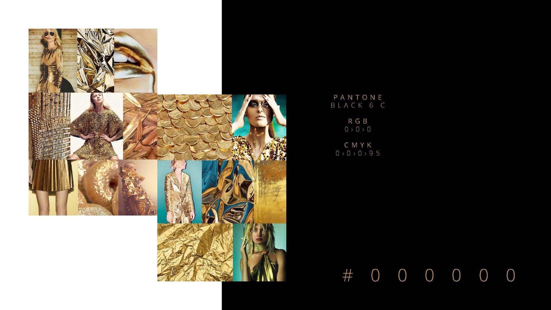 Mood board com diversas imagens em tons dourados, incluindo roupas, acessórios e texturas, com fundo e texto pretos.