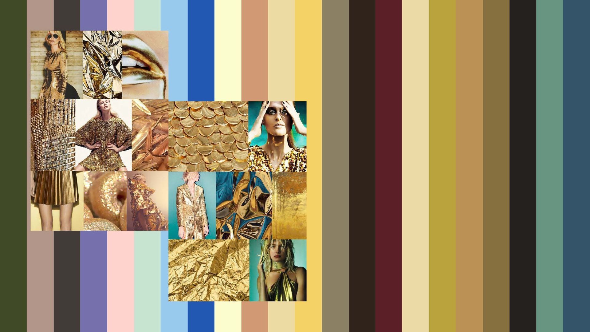 Moodboard com imagens de moda dourada e estampa animal, com amostras de cores combinando em tons de verde, dourado e azul.
