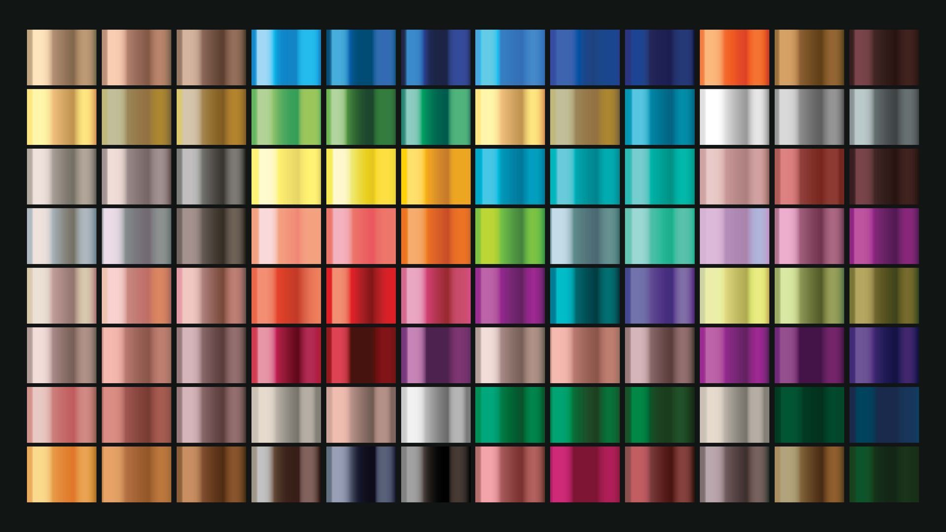 Uma grade de amostras de cores metálicas organizadas em linhas e colunas, exibindo uma grande variedade de tons e matizes.