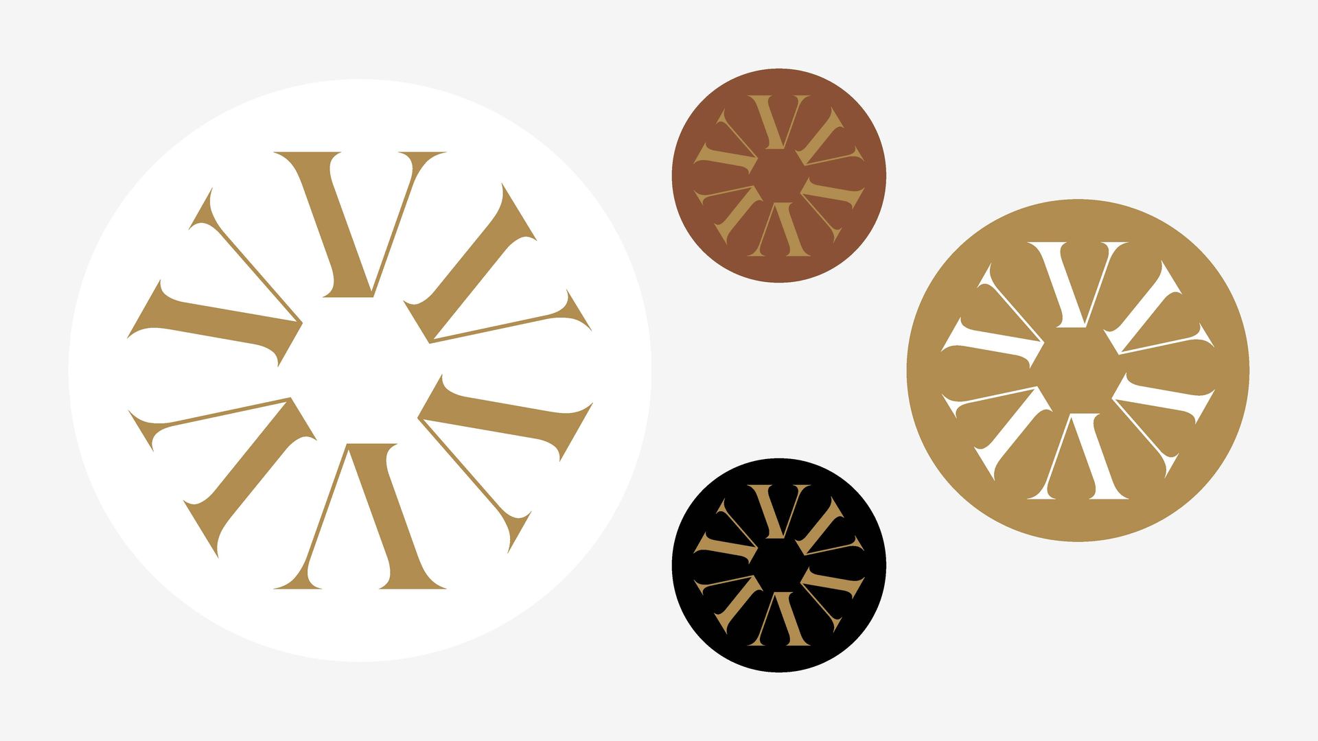 Quatro logotipos circulares com algarismos romanos estilizados em forma de