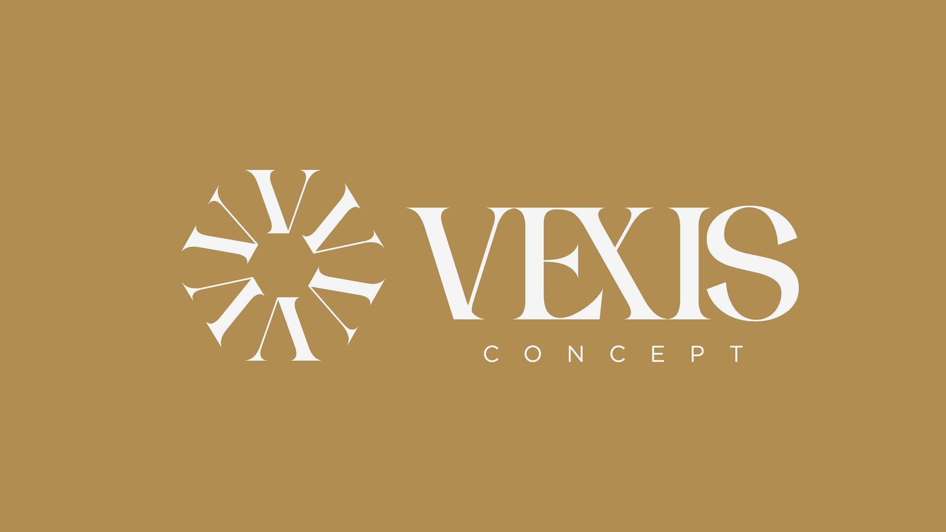 Logotipo da Vexis Concept. Texto branco sobre fundo dourado. O logotipo inclui um elemento floral estilizado e a palavra
