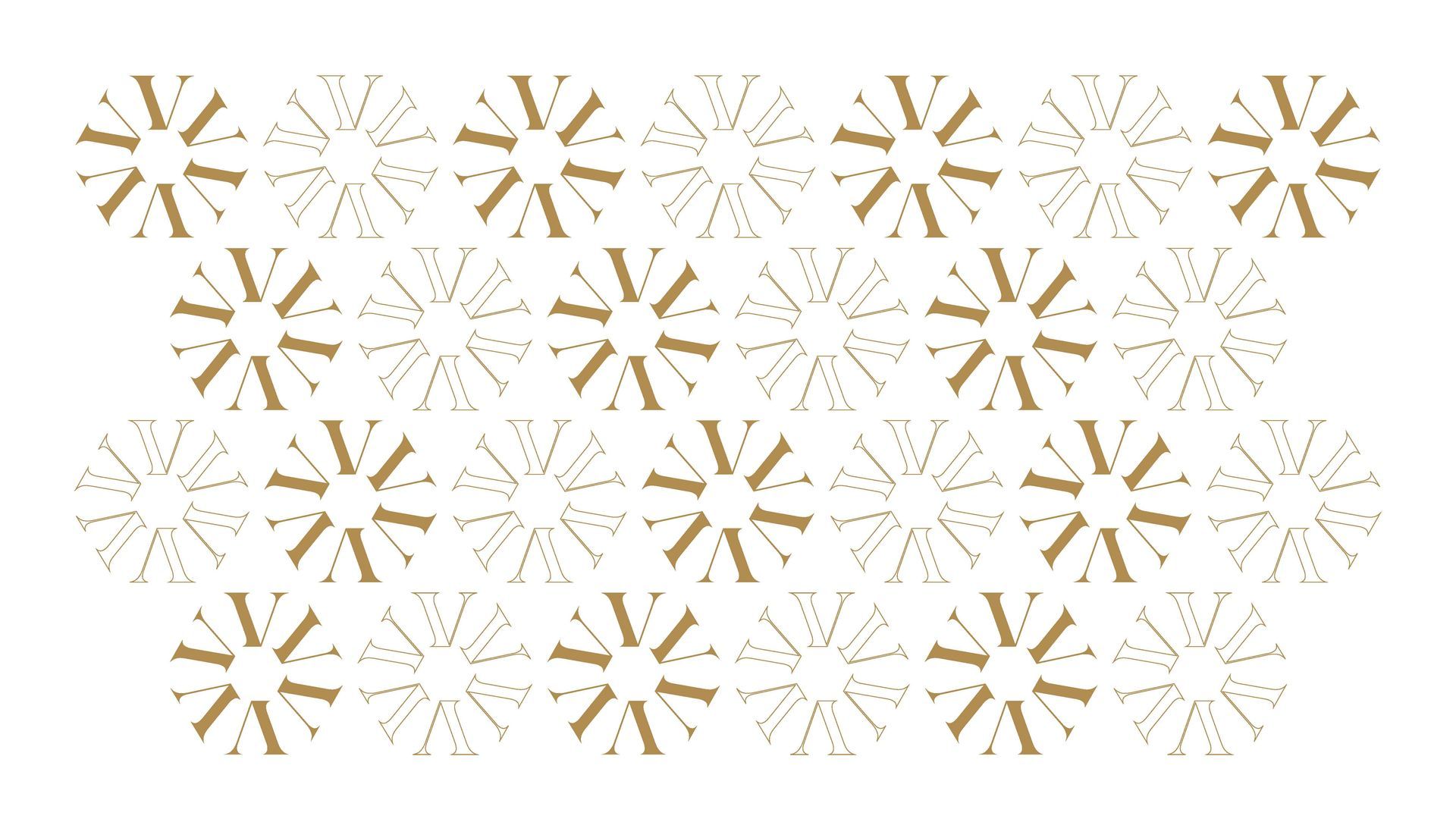 Padrão hexagonal dourado sobre fundo branco; uma grade de formas estilizadas semelhantes a flores.