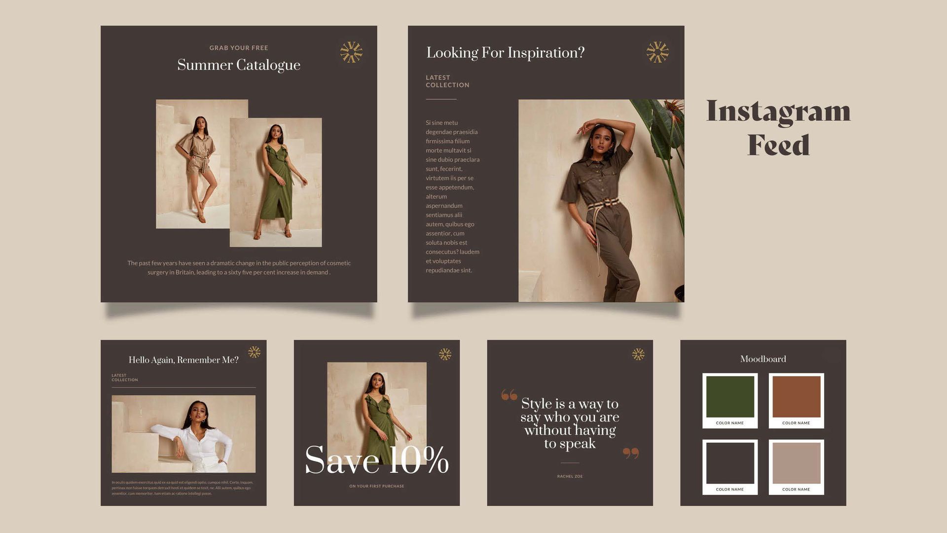 Modelo de feed do Instagram com fundo marrom escuro, fotos de moda feminina, texto e amostras de cores em marrom e verde.