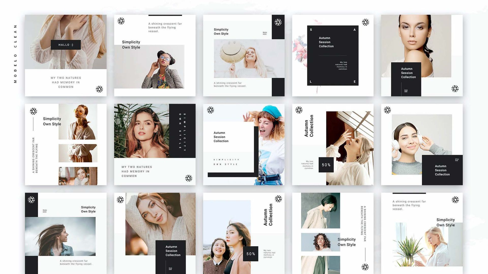 Uma grade de postagens de mídia social com mulheres em layouts minimalistas. Preto e branco com sobreposições de texto.