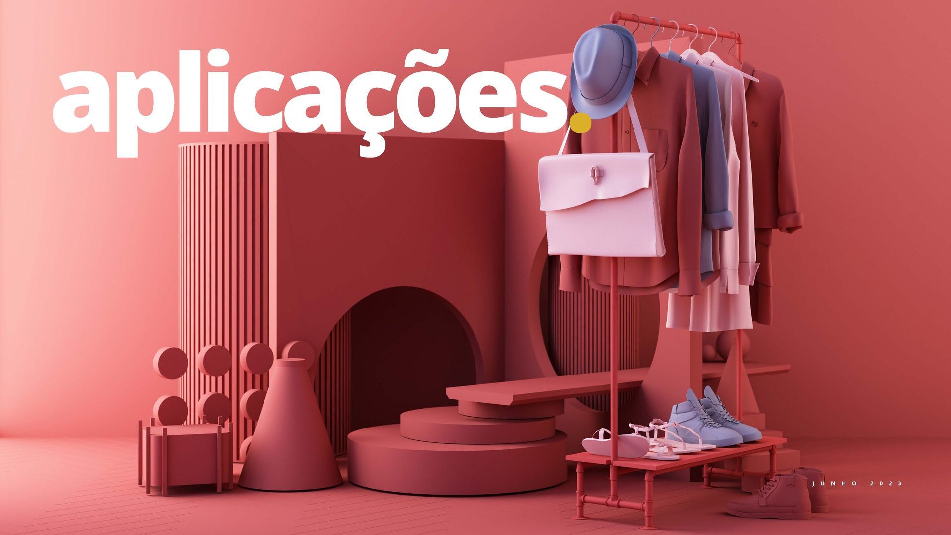 Conjunto de estúdio em tons de vermelho com cabideiro, acessórios e elementos arquitetônicos abstratos. Texto