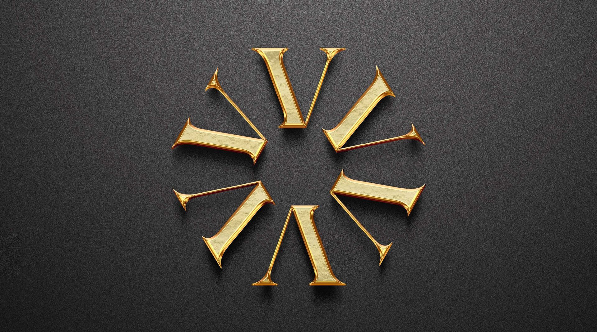 Algarismos romanos dourados VI (6) dispostos em círculo sobre superfície texturizada escura.