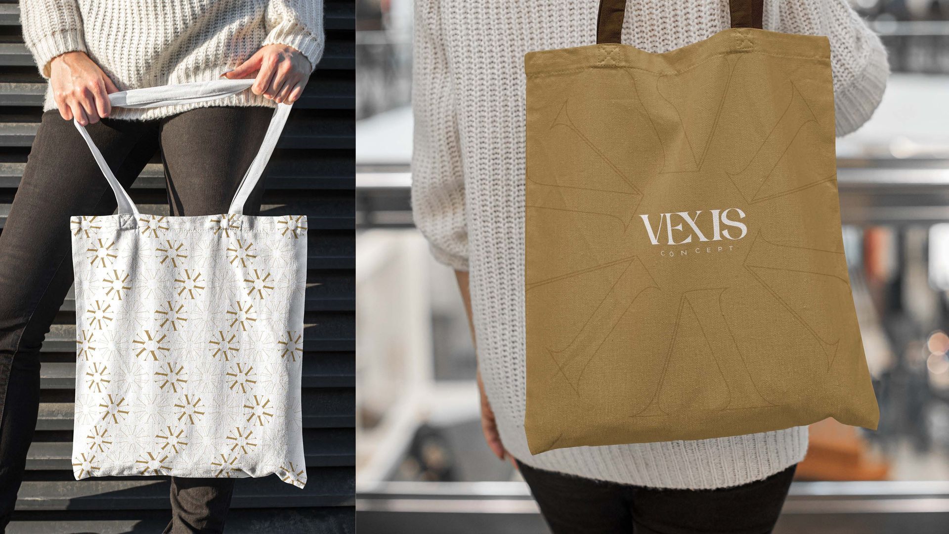 Duas pessoas segurando sacolas. Uma delas é branca com estampa floral e a outra é marrom com a inscrição