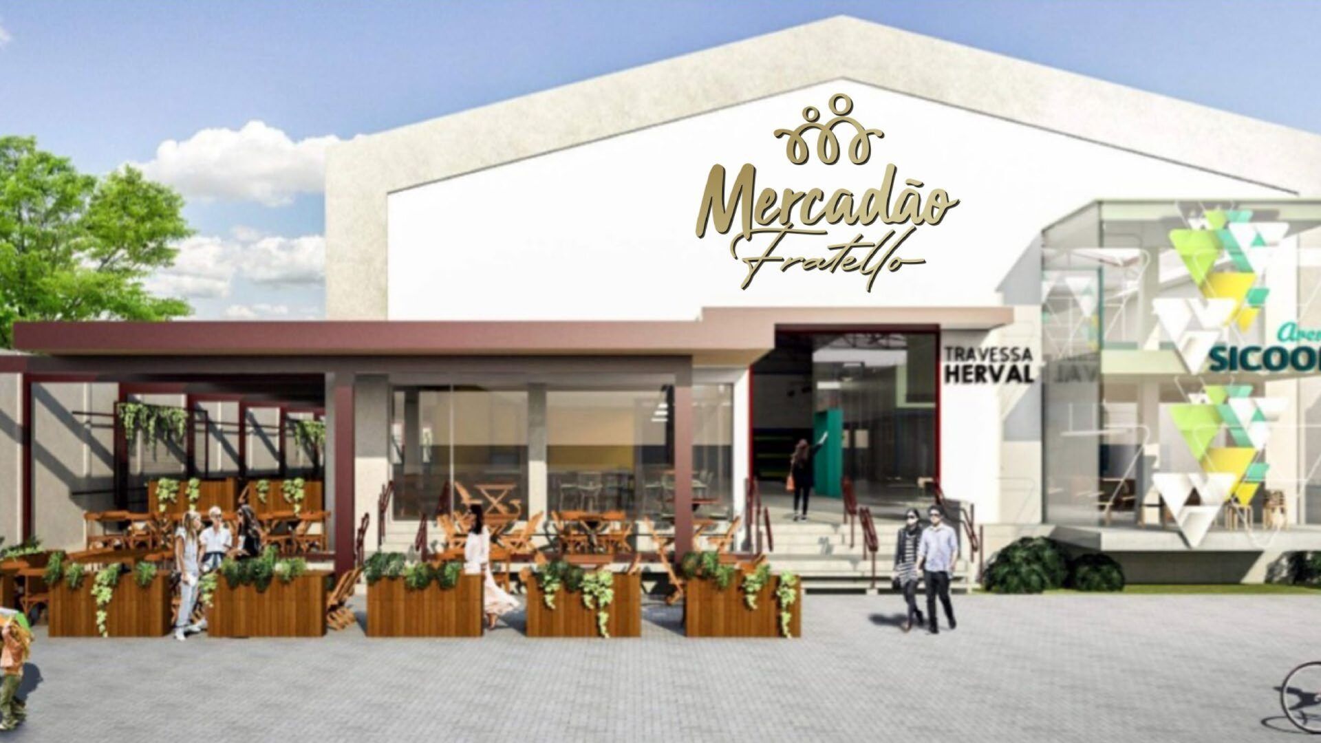 Uma impressão artística de um edifício com pessoas caminhando em frente a ele.