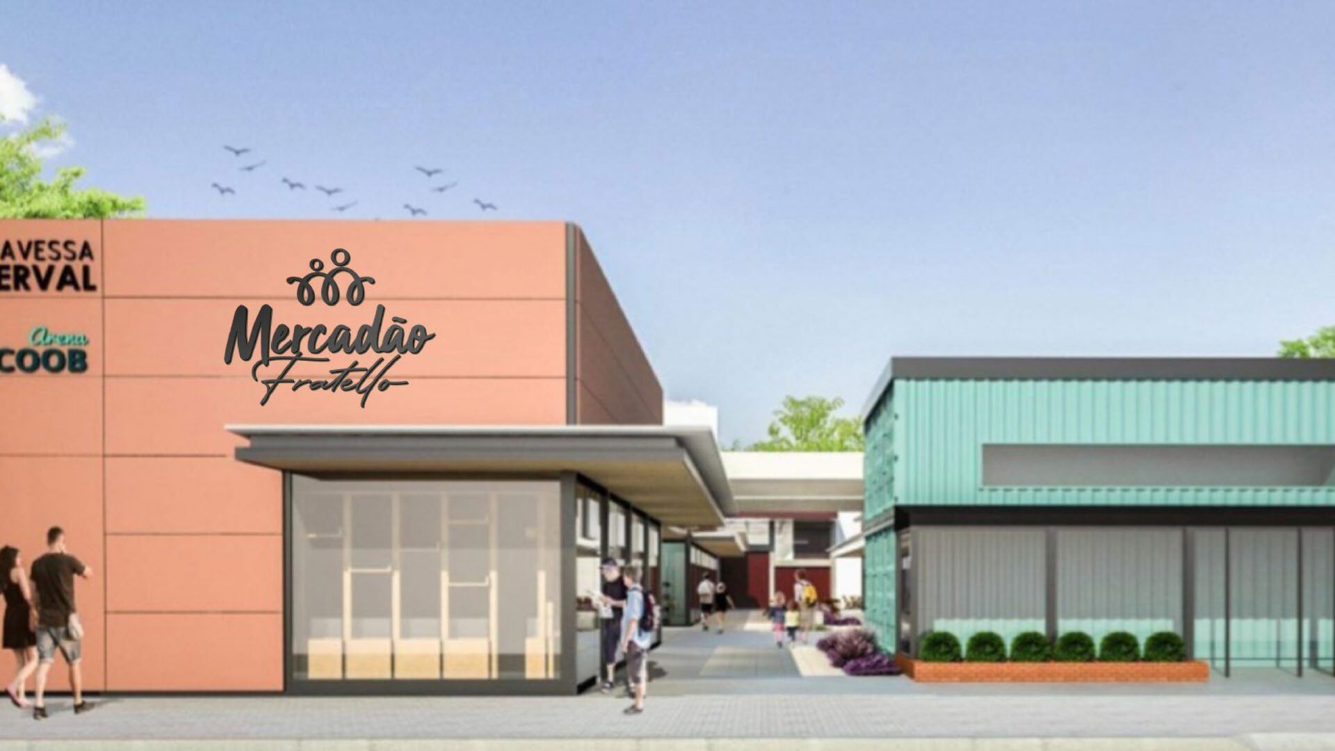 Um grupo de pessoas está caminhando em frente a um prédio que diz mercado