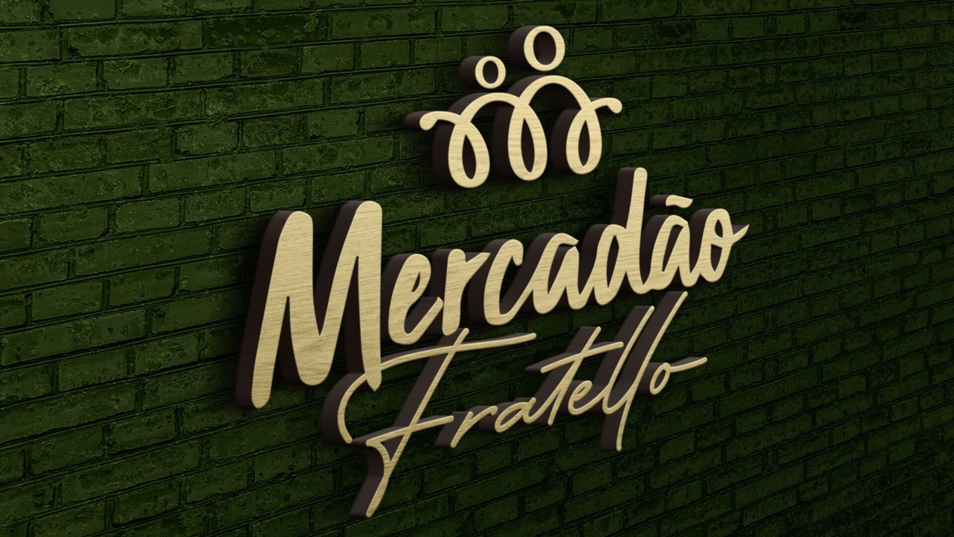 O logotipo do mercadao fratello está em uma parede de tijolos verdes.