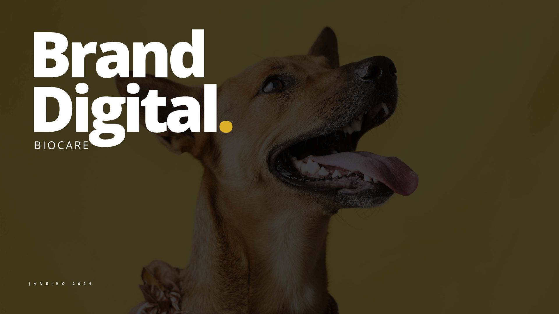 Um cachorro com a língua para fora e as palavras marca digital atrás dela