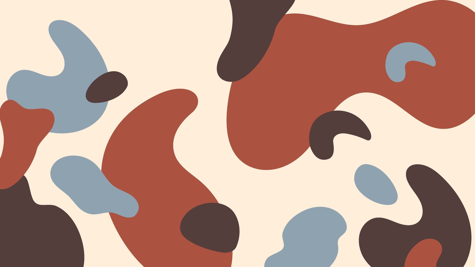 Padrão abstrato de formas orgânicas marrons, ferrugem e azuis em um fundo creme.
