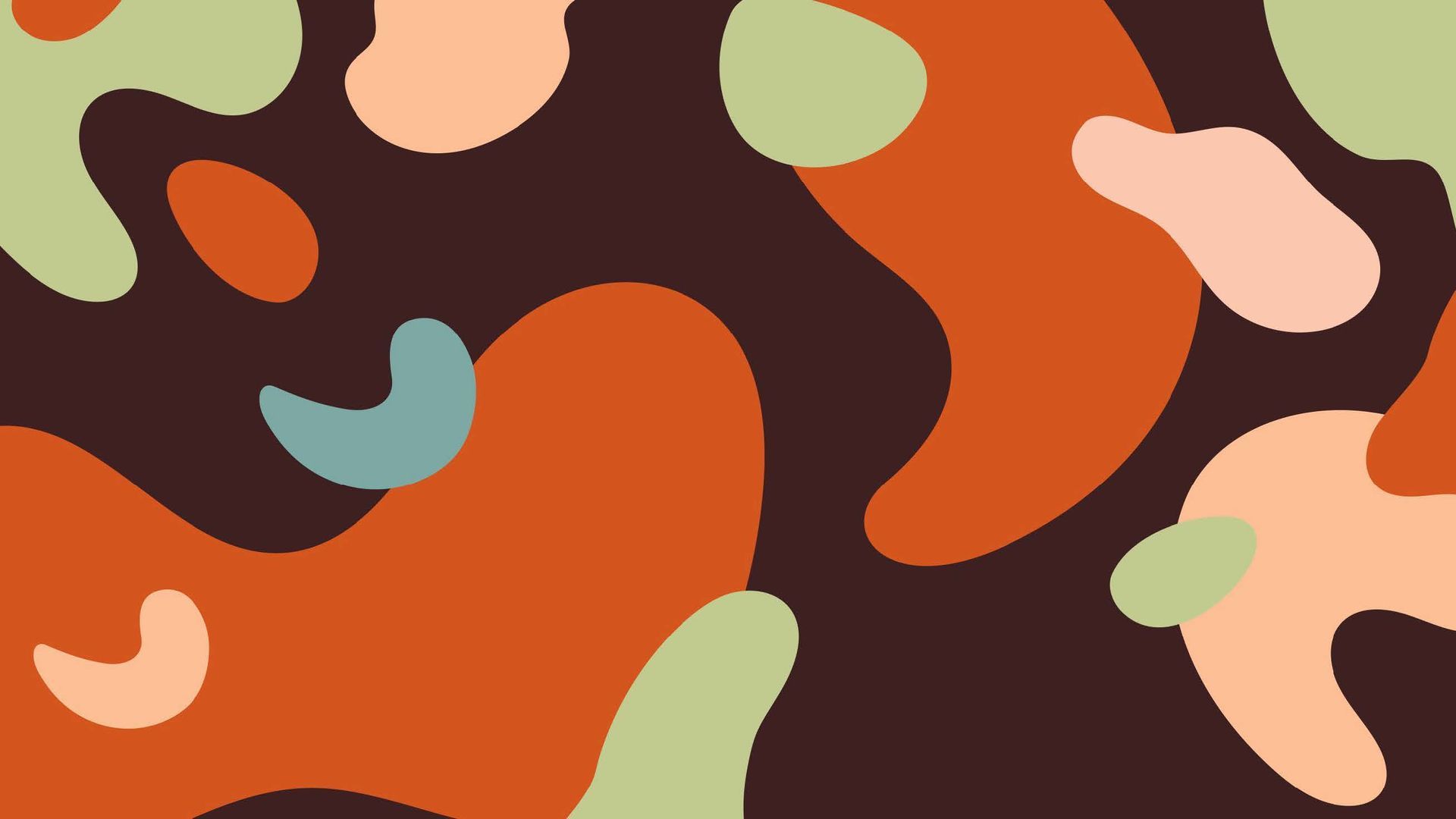 Design abstrato de formas fluidas em laranja, verde e bege sobre um fundo marrom escuro.