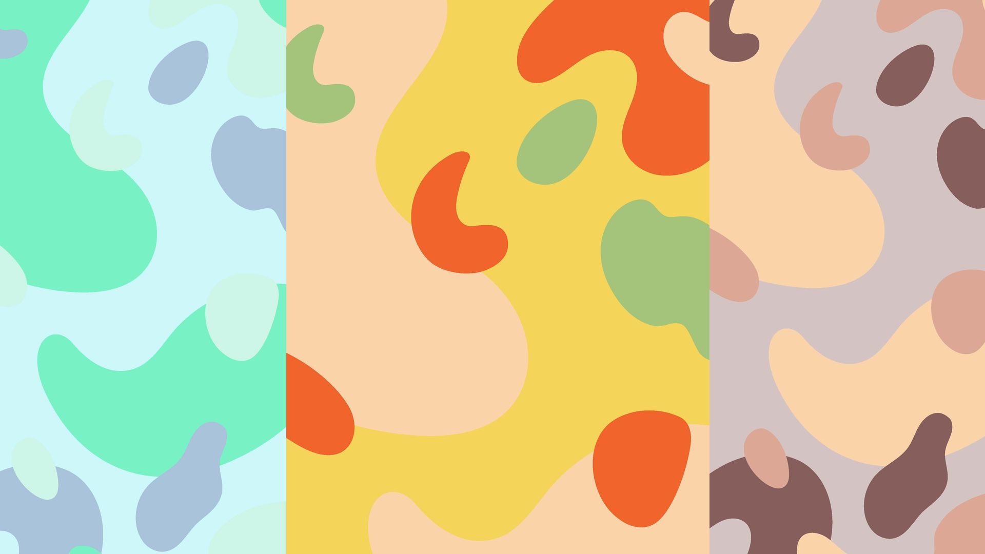 Três painéis verticais, cada um com formas abstratas em tons pastéis. Da esquerda para a direita: azul-esverdeado com manchas azuis/cinza; amarelo com manchas laranja/verde; cinza com manchas marrons/bege.