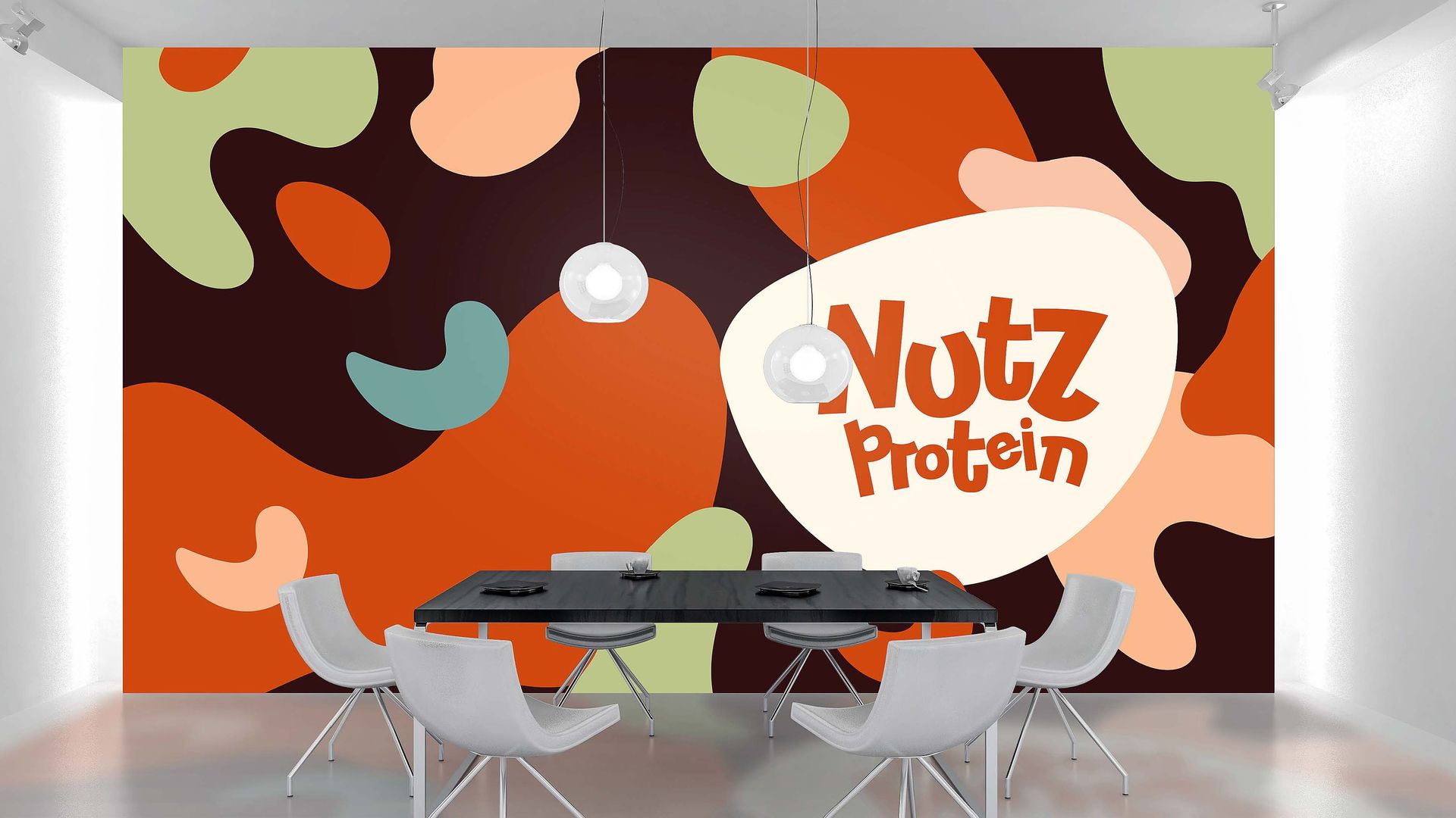 Área de jantar com um mural de parede com um design abstrato colorido e o logotipo