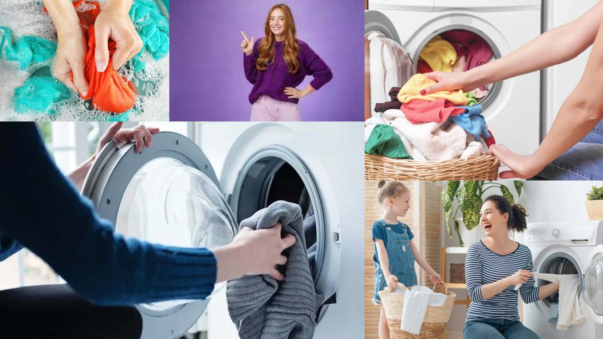 Colagem de pessoas lavando roupa: lavando, carregando a máquina e dobrando roupas. As imagens retratam pessoas diversas e roupas coloridas.
