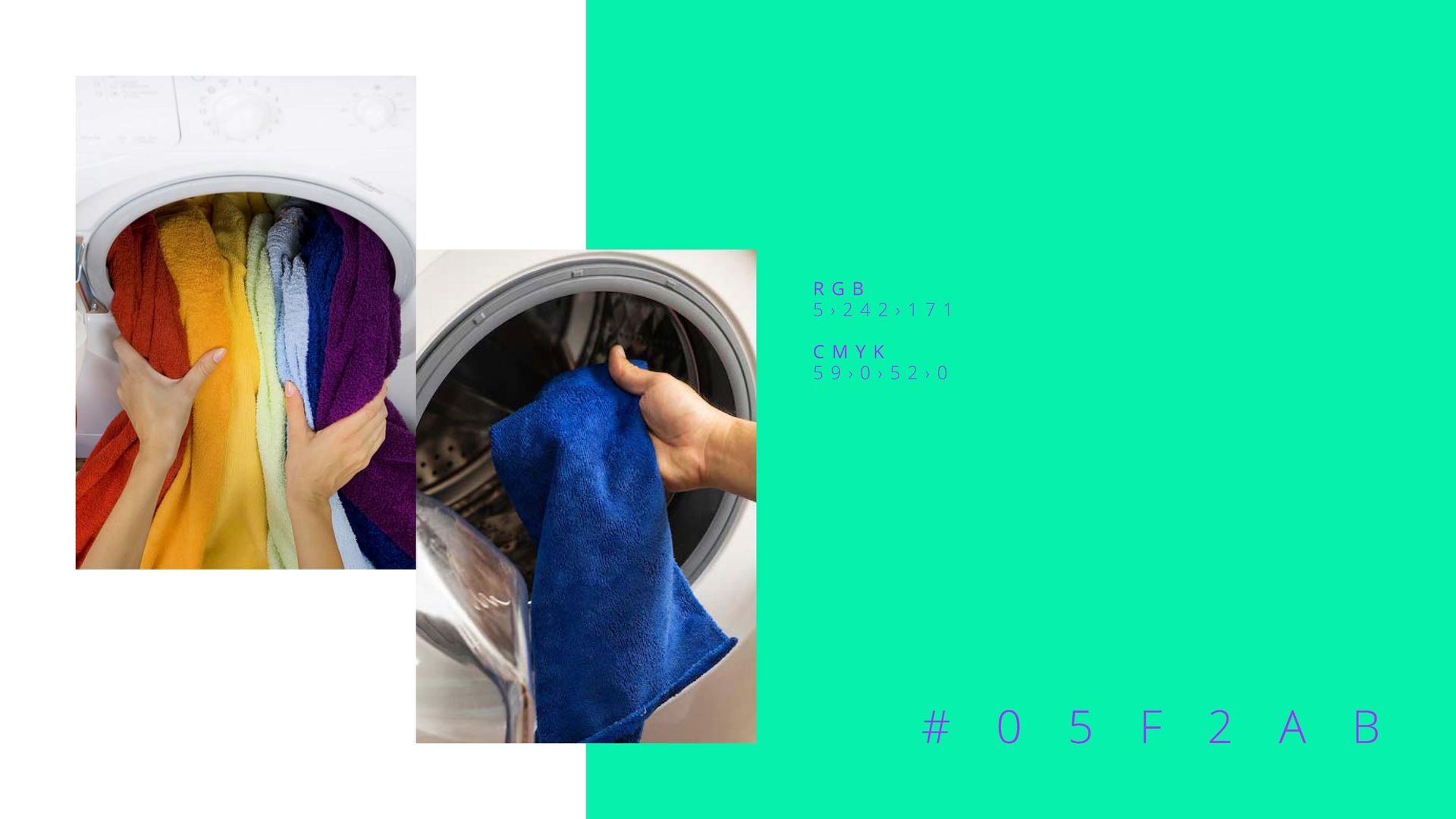 Duas máquinas de lavar, uma com roupas coloridas e a outra com um pano azul. Texto sobre fundo verde.