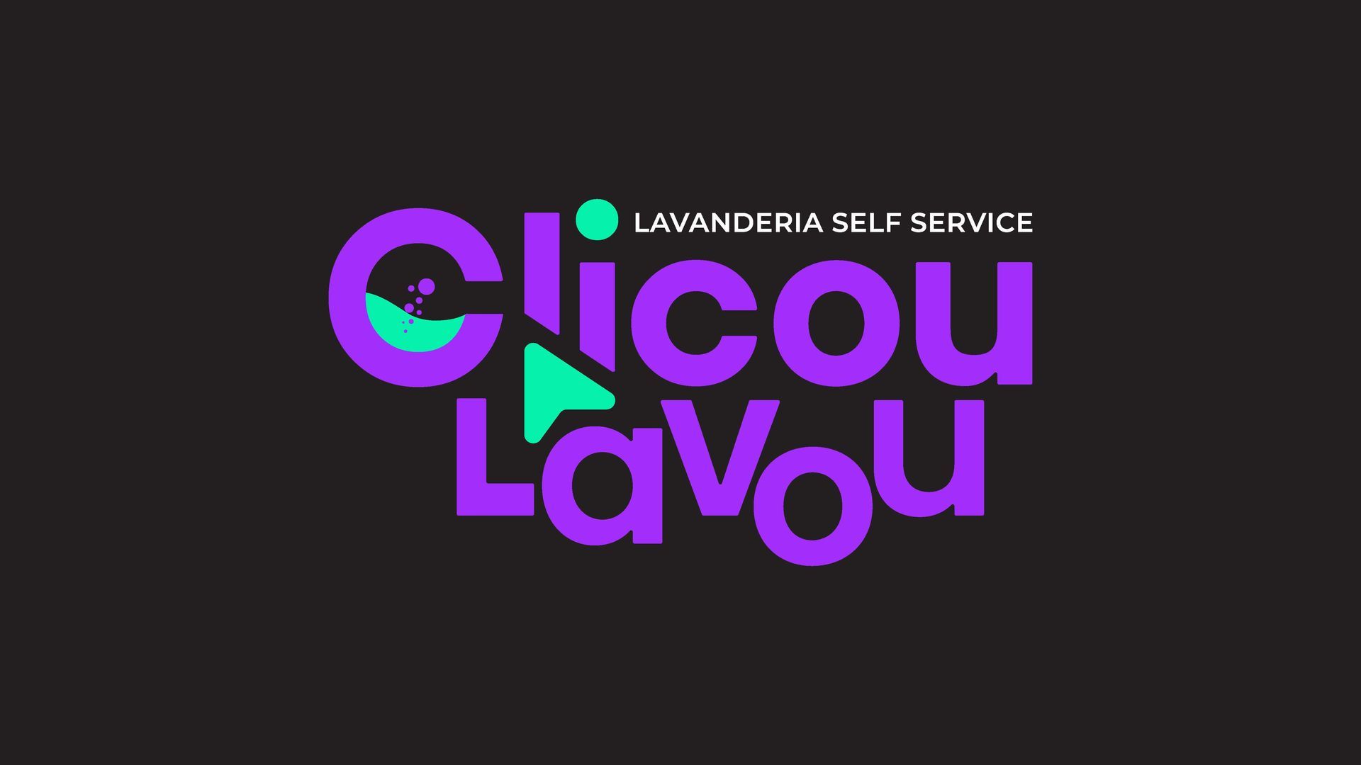 Logotipo da Clicou Lavou, uma lavanderia self-service, com texto em roxo e azul-petróleo e um ícone de cursor.