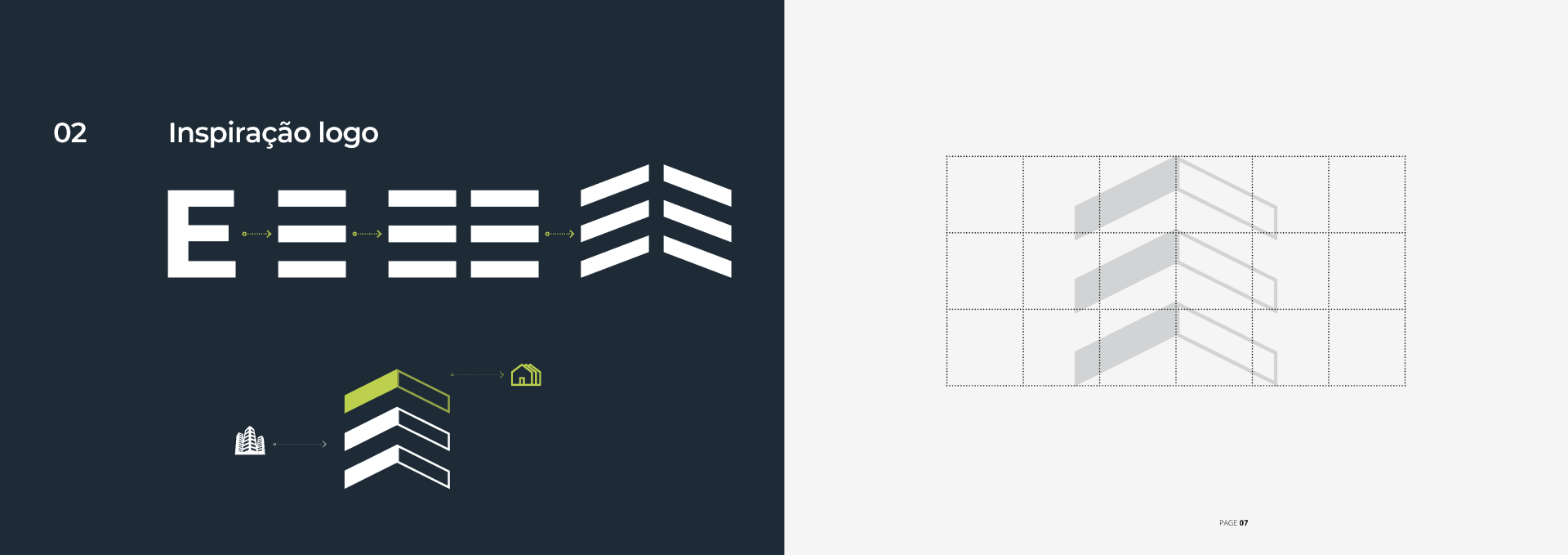 Design gráfico mostrando a construção de um logotipo, com as letras 