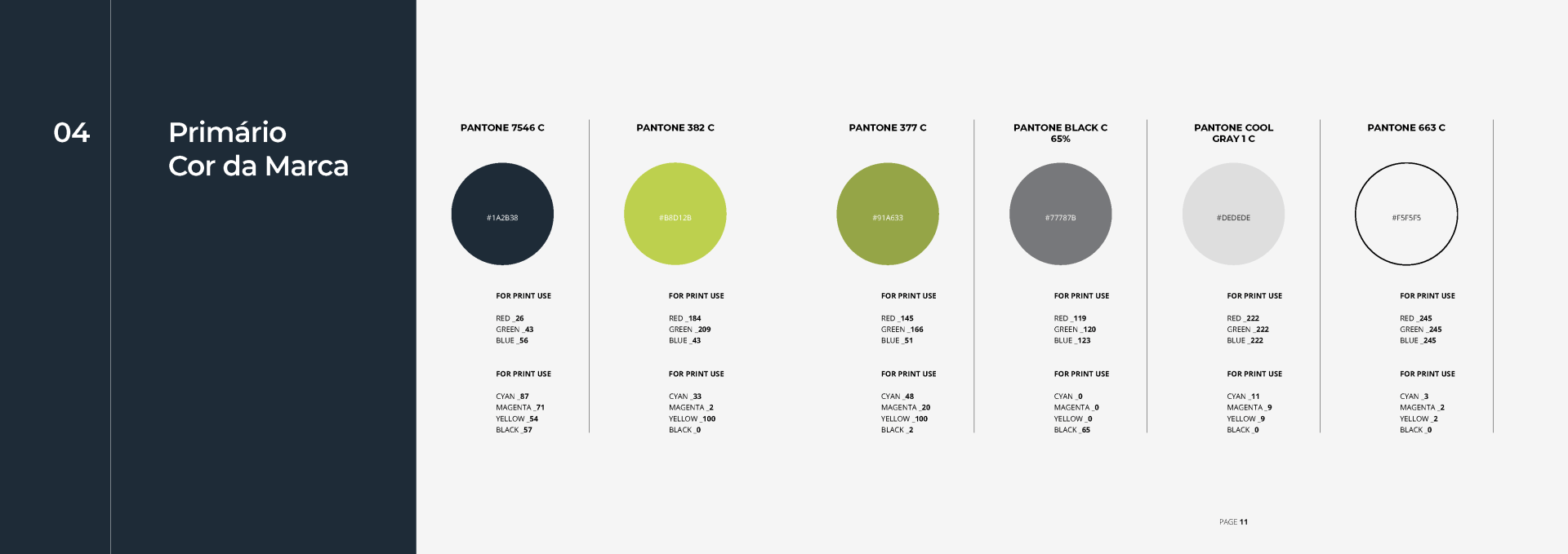 Uma paleta de cores com seis amostras circulares, incluindo azul-petróleo escuro, verde-claro, oliva, cinza, branco-sujo e um contorno pontilhado, com os códigos de cores correspondentes abaixo.