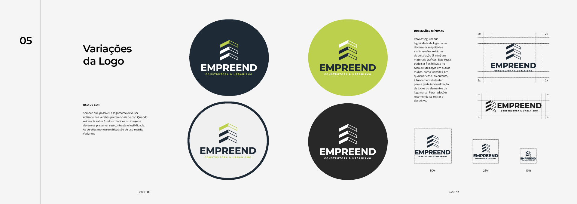 Variações de logotipo em fundo branco. Logotipos circulares com diferentes combinações de cores. Um guia com texto e uma grade de logotipos.