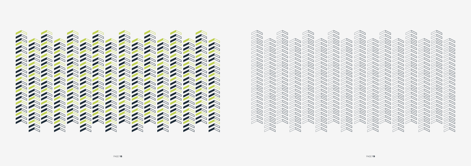 Dois painéis lado a lado: um com um padrão de formas empilhadas em verde claro e branco, o outro com linhas verticais de texto claro.