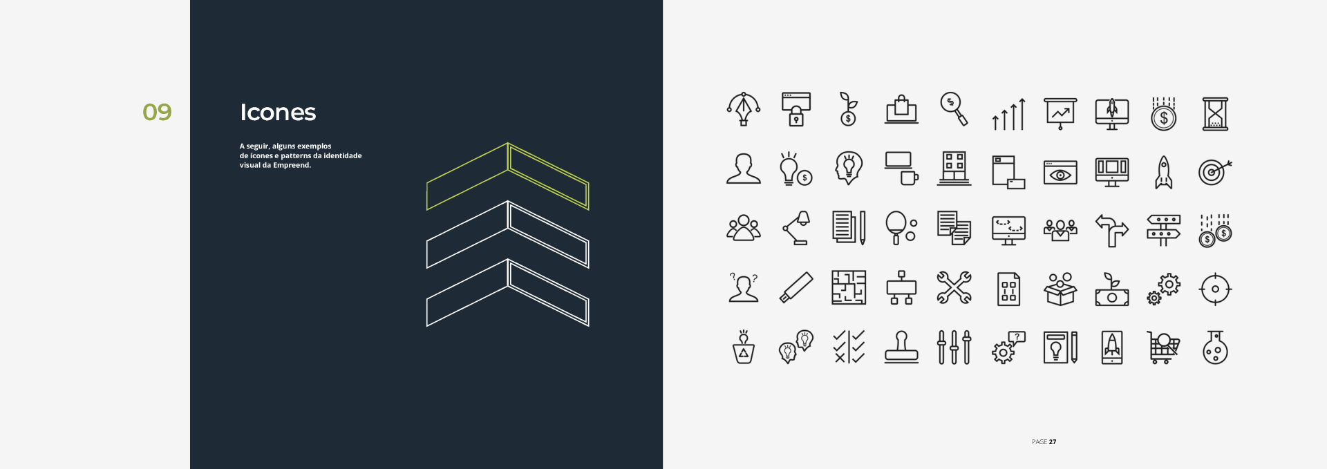 Slide com texto e um gráfico arquitetônico. O lado direito tem um conjunto de ícones simples.