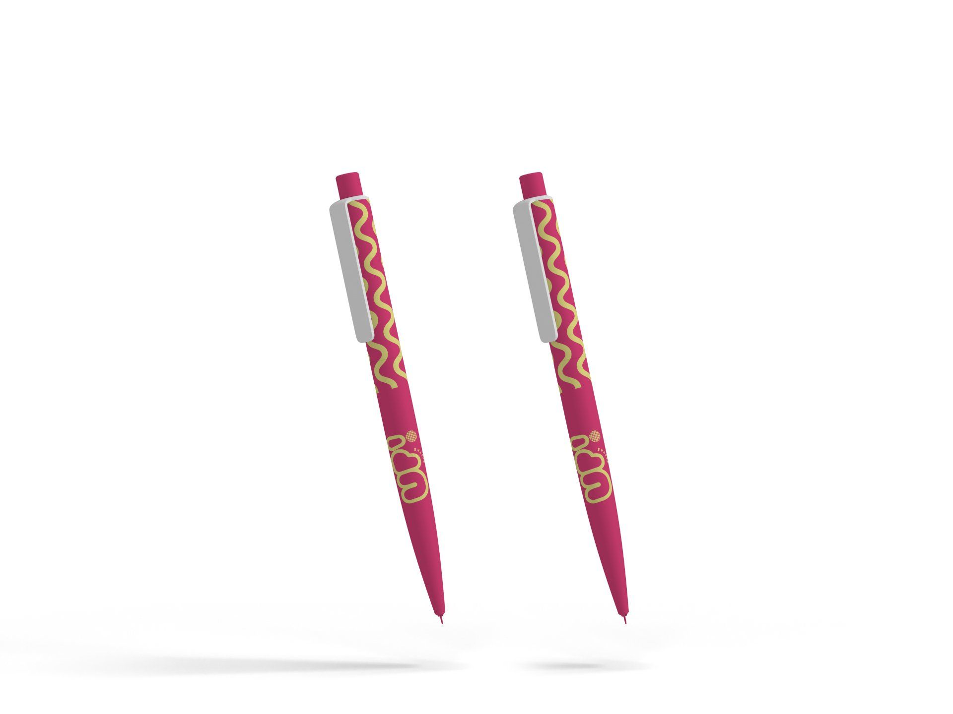 Duas canetas rosas com escrita dourada flutuam no ar sobre um fundo branco.