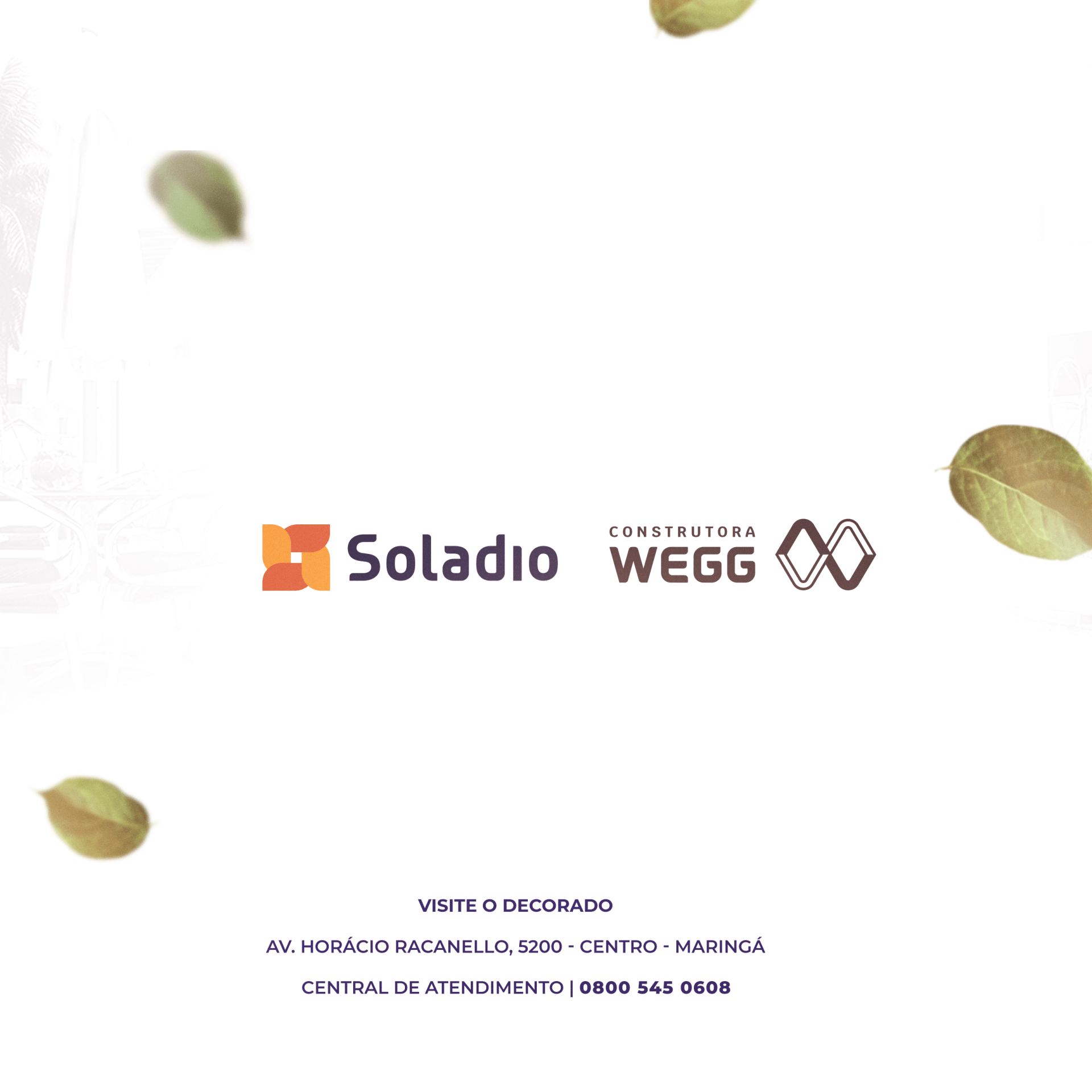 Logotipos da Soladio e da Wegg Construtora, fundo branco com folhas caindo. Informações de contato na parte inferior.