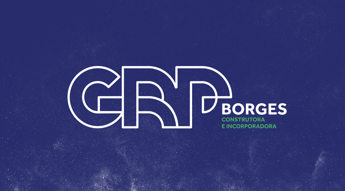 Logotipo da CRP Borges, uma construtora, em branco sobre um fundo texturizado azul escuro.