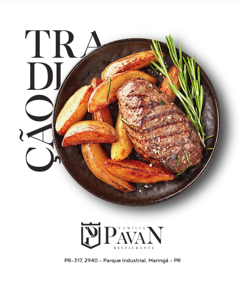Bife e batatas em um prato, com raminhos de alecrim e o logotipo do restaurante Pavan.