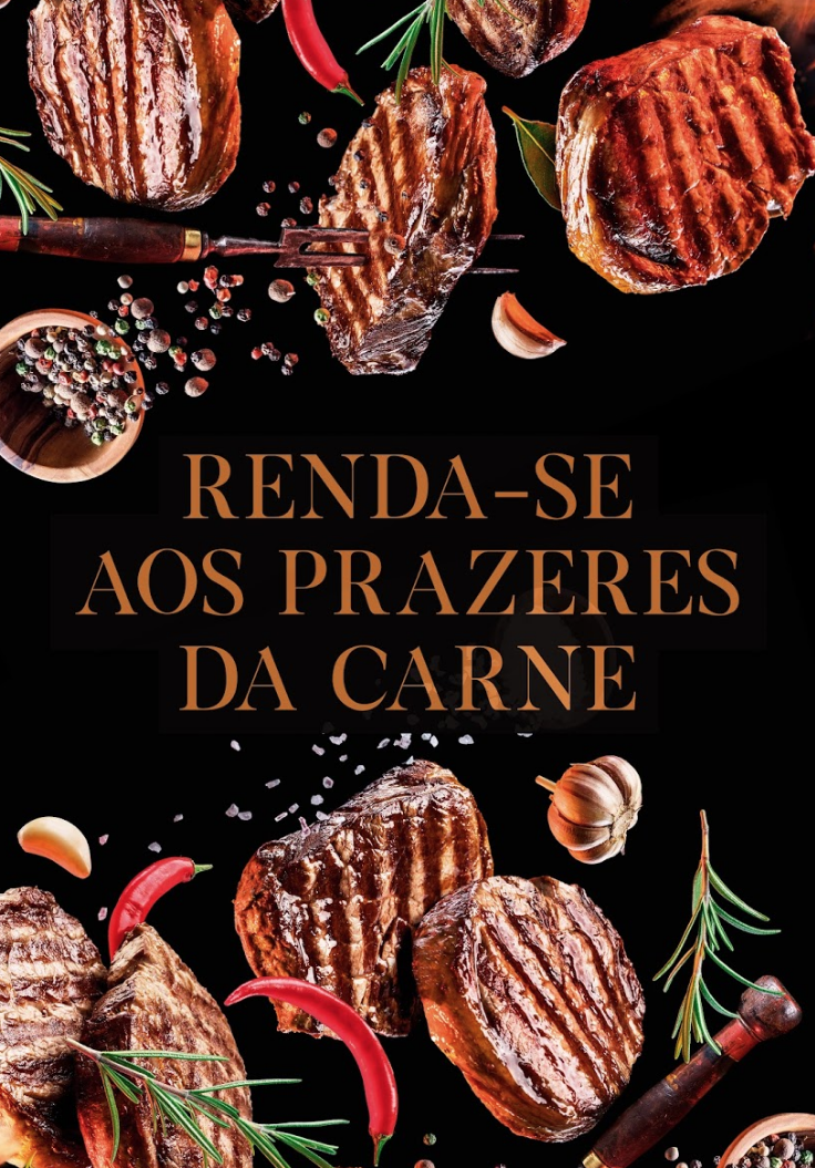 Bifes grelhados com ervas e especiarias dispostos sobre um fundo preto. O texto diz: