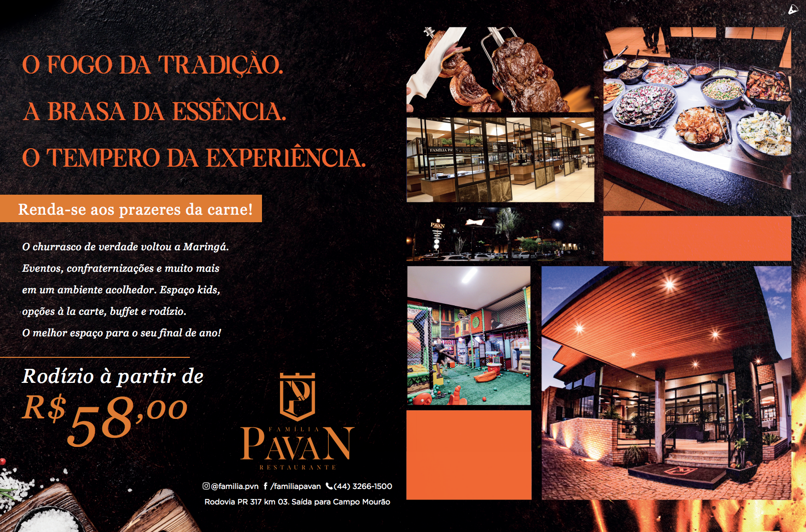 Anúncio do restaurante Pavan, que oferece rodízio a partir de R$ 58,00. Apresenta texto em português e imagens da comida e do restaurante.
