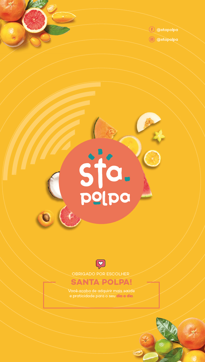 Propaganda do suco Santa Polpa com fatias de frutas em fundo amarelo. O logotipo está no centro, com texto abaixo.