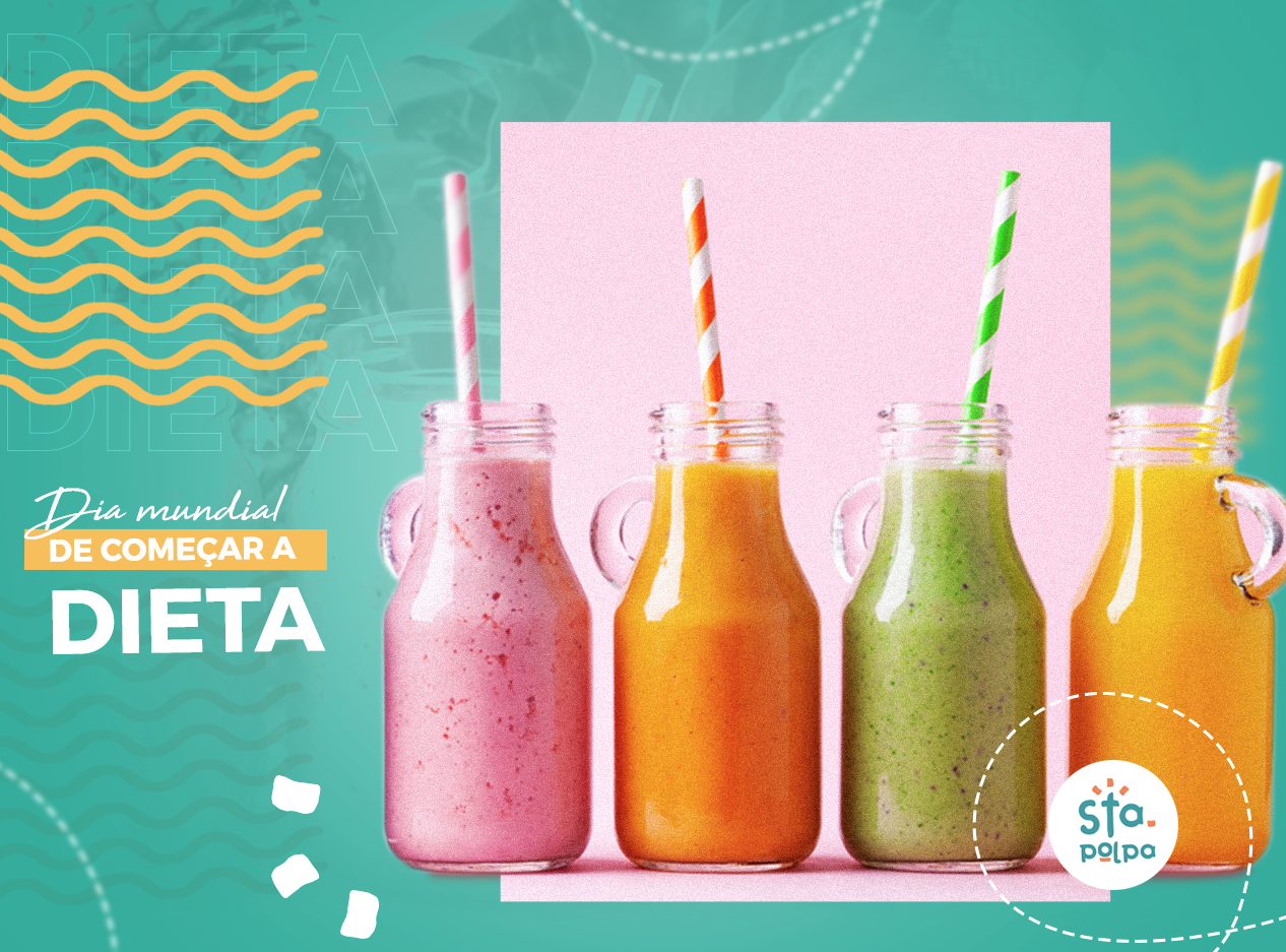 Quatro smoothies coloridos em potes de vidro com canudos; o texto diz 