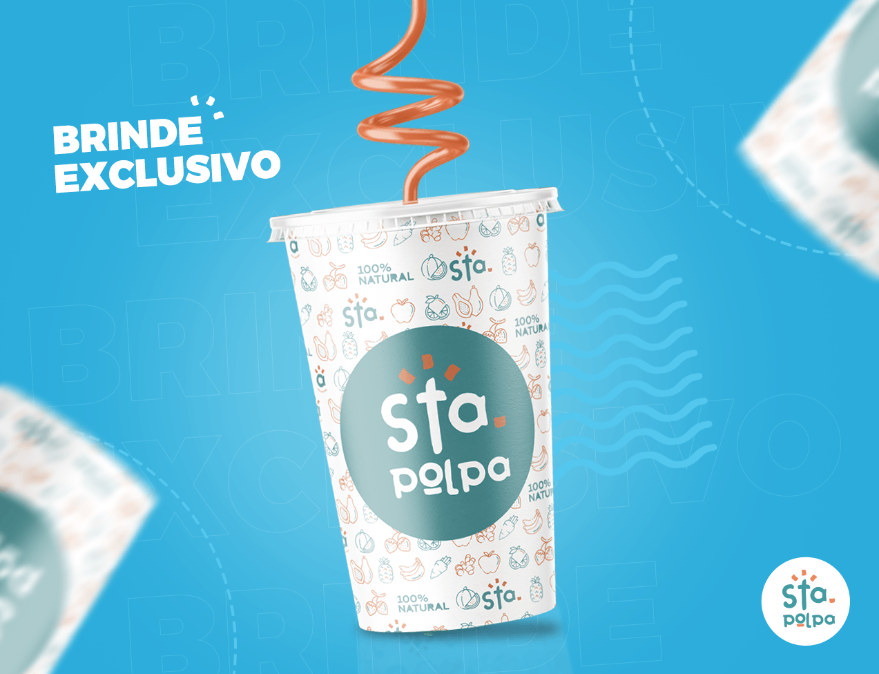 Imagem promocional de um copo transparente com o logotipo 