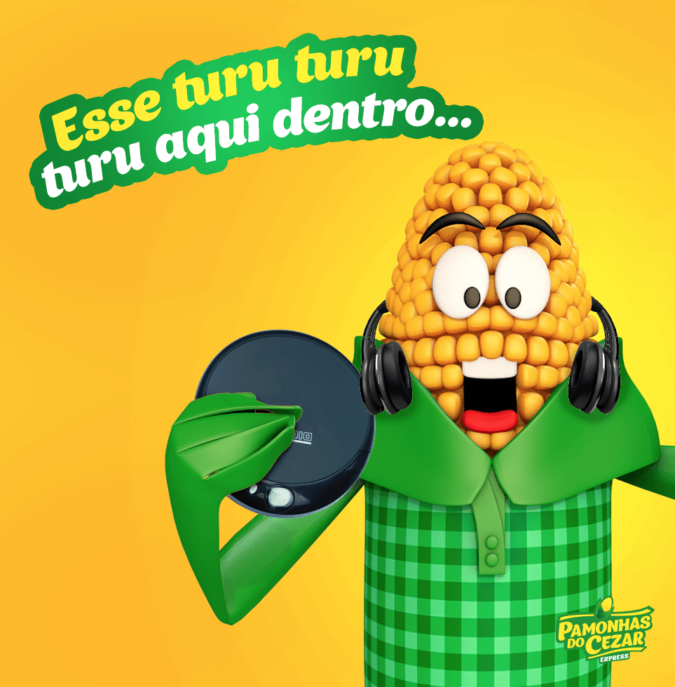 Milho de desenho animado usando fones de ouvido, segurando um CD player, com o texto