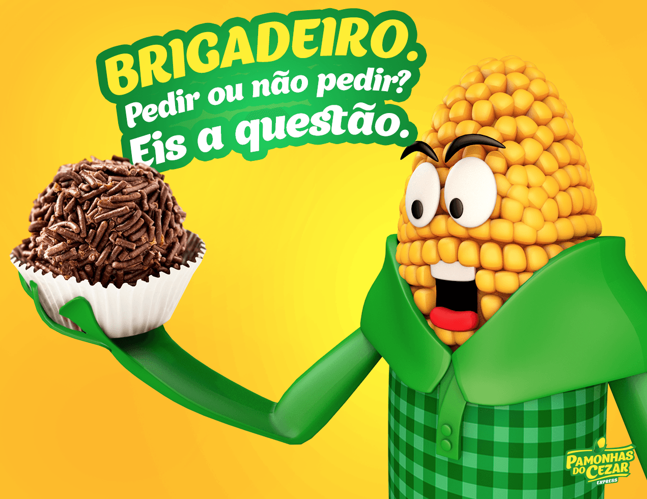 Personagem animado de milho contemplando uma sobremesa de brigadeiro; fundo amarelo, camiseta verde, texto