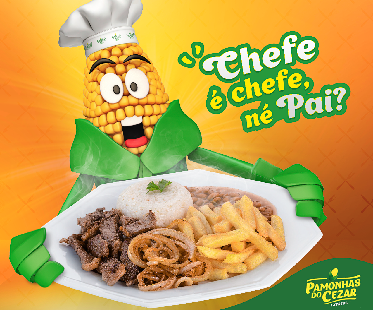 Chef de milho em desenho animado segurando um prato de comida com bife, arroz, feijão e batata frita. O texto diz