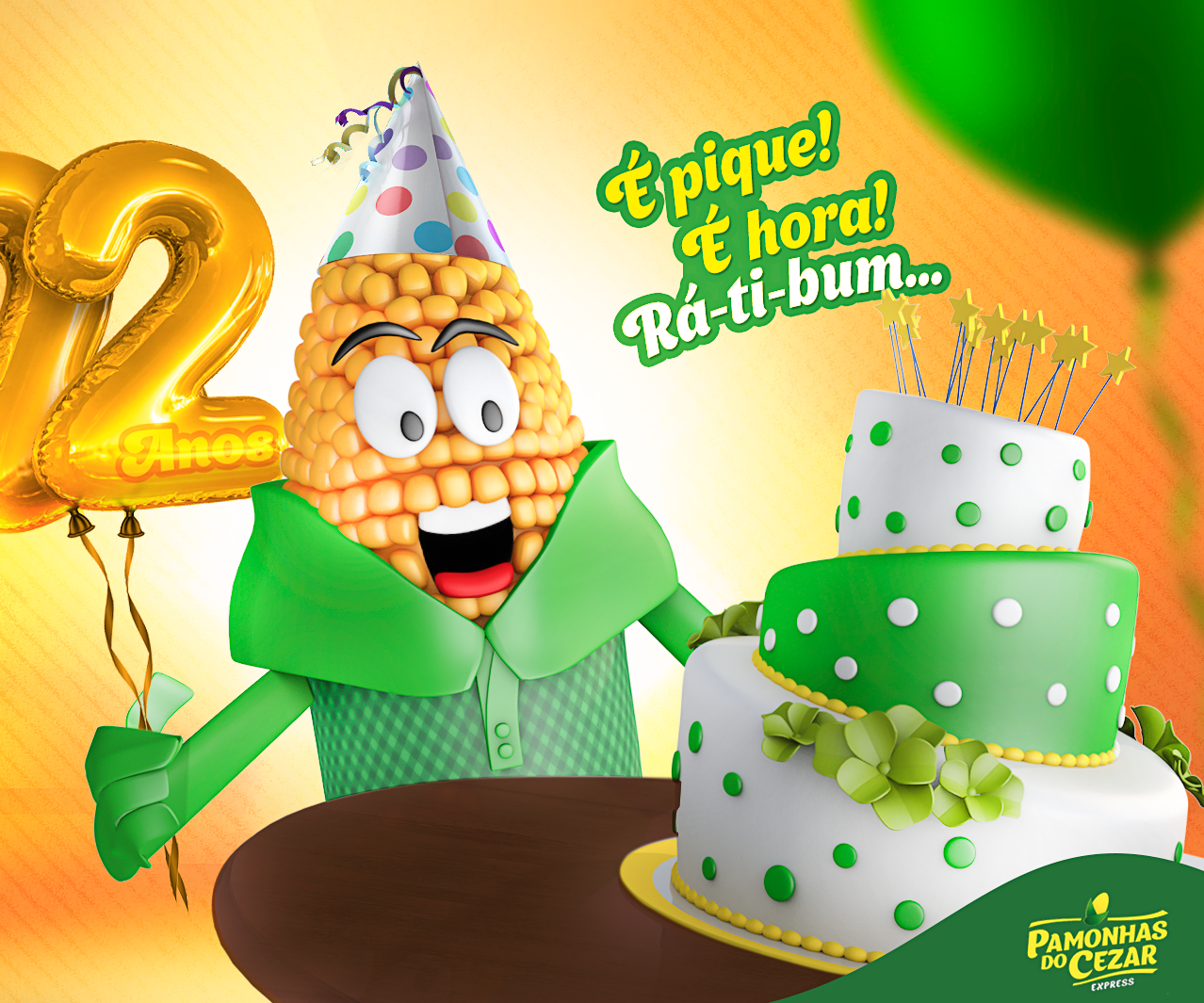 Um mascote de milho com chapéu de festa comemora 22 anos ao lado de um bolo. Balões dourados e detalhes em verde sobre fundo laranja.